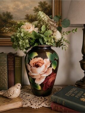 Vintage Hand Painted Porcelain Vase Large Rose Floral Decor Cottage Romantic Vic